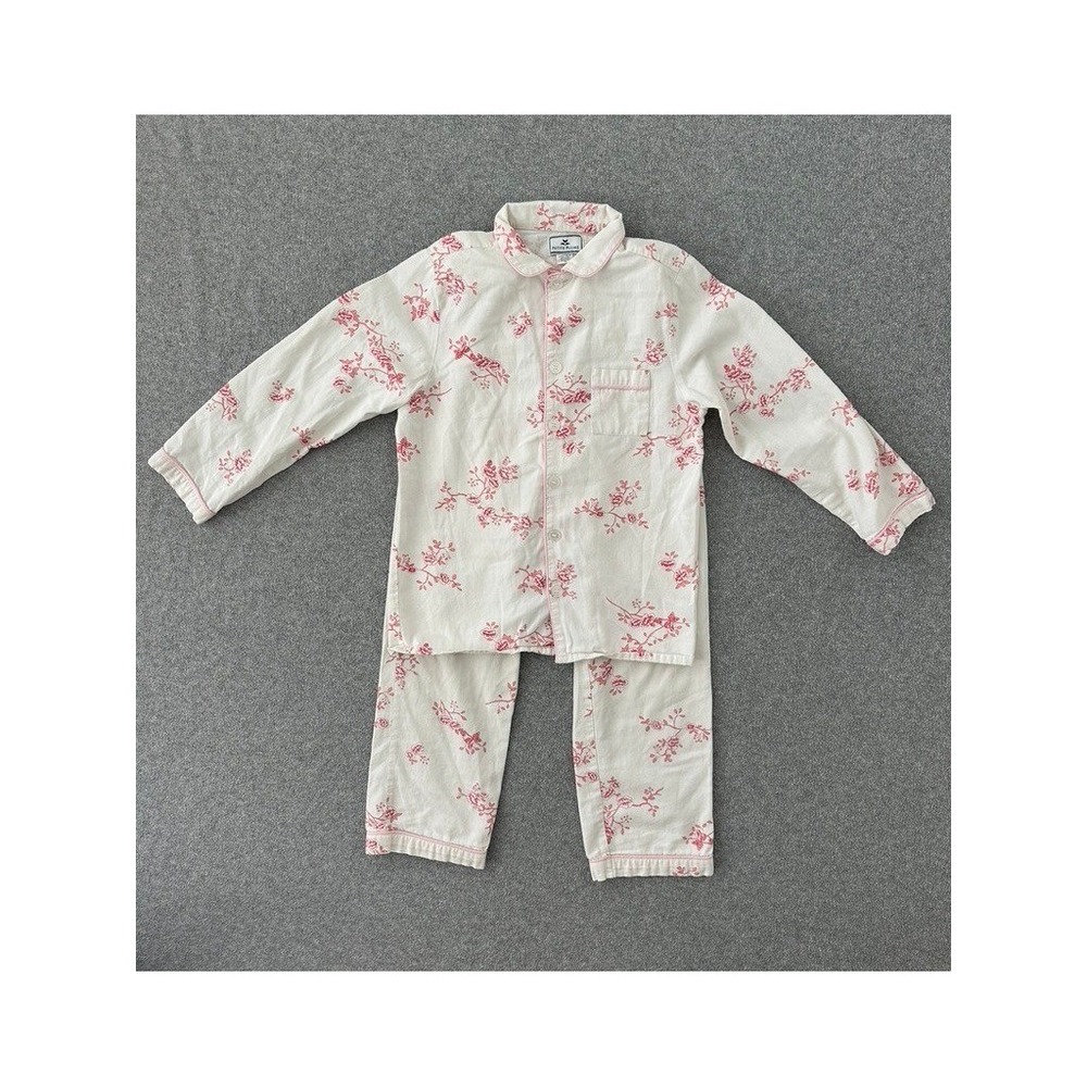 Petite Plume Pajama Set Kids 10 Red Floral Toile Cotton Cream Button Down